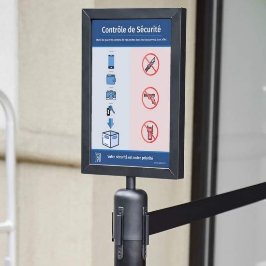 Poteaux de guidage à sangle rétractable avec porte-document - PS-GUIDE V2 - affiche controle de sécurité