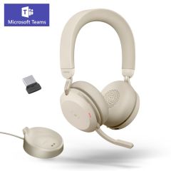 Micro casque Jabra Evolve2 75 beige livré avec dongle USB-A Teams et base de recharge
