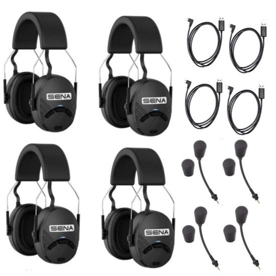 Pack de 4 Sena Tufftalk M - Casque antibruit intercom permettant la communication avec un nombre quasiment illimité d'utilisateurs - vue pack + accessoires