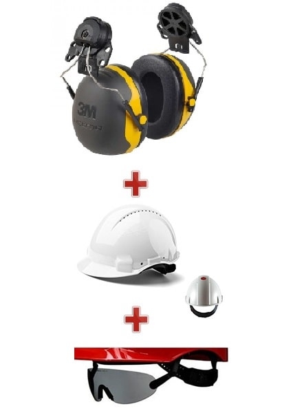 casco de obra avec lunette et protección auditiva