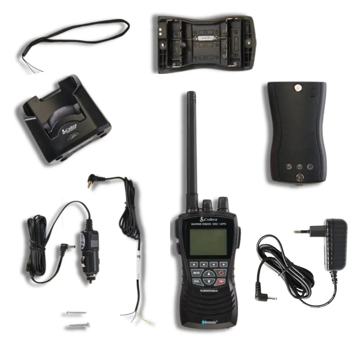 Contenido de la caja HH600 Cobra - Walkie Talkie marítimo